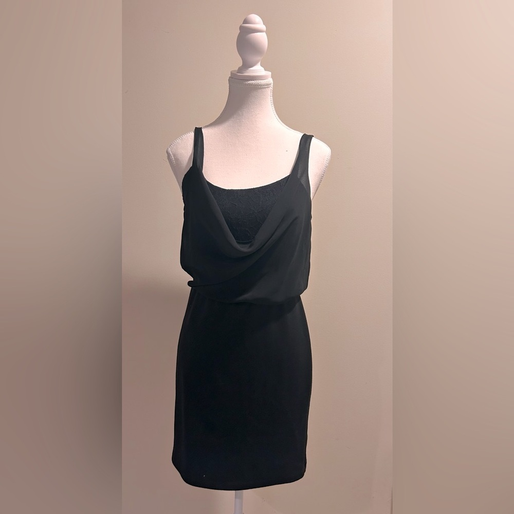 Little Black Dress! By Aqua Sheer draped top Mini Dress Size Small​